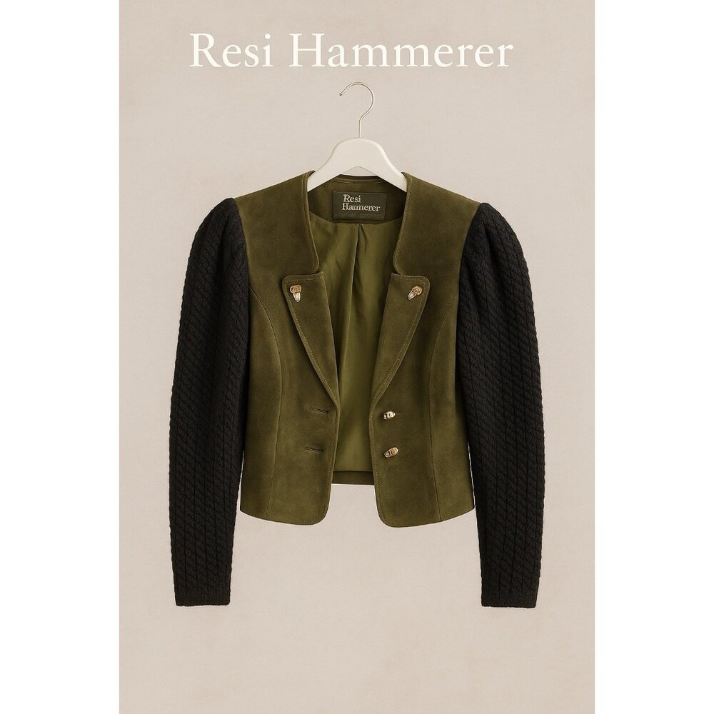 Resi Hammerer Austrian Trachten Jacket Suede Wool Knit Sleeves Green Black Size6